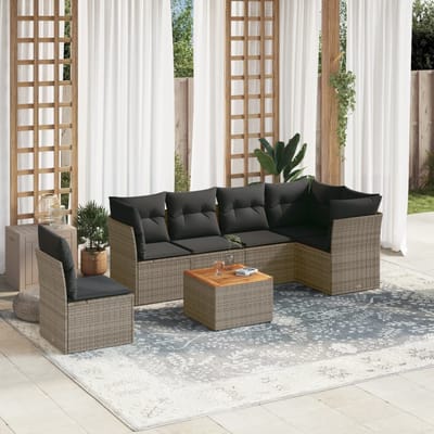 vidaXL - 7-delige - Loungeset - met - kussens - poly - rattan - grijs