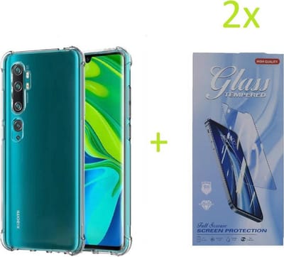 Hoesje Geschikt voor: Xiaomi Mi 10 / 10 Pro - Anti Shock Silicone Bumper - Transparant + 2X Tempered Glass Screenprotector