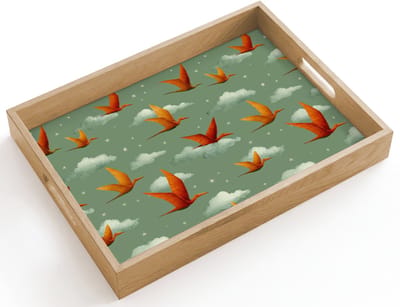 Dienblad hout 40x30 cm - Schootdienblad - Dinosaurussen - Wolken - Sterren - Oranje - Borrelplank rechthoek - Plateau dienbladen