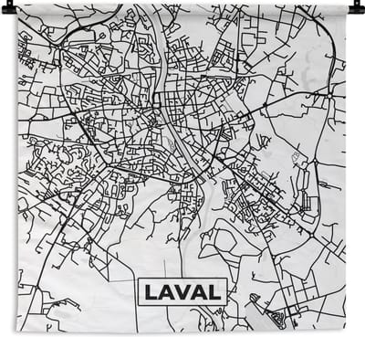 Wandkleed - Wanddoek - Kaart - Laval - Stadskaart - Frankrijk - Plattegrond - Zwart wit - 180x180 cm - Wandtapijt