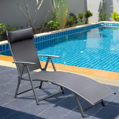 Pugsdrly Opvouwbare ligstoel, strandligstoel met kussen, ligstoel met 7-voudig verstelbare rugleuning, tuinligstoel, relaxstoel, tuinstoel, belastbaar tot 165 kg, voor tuin, vakantie, buiten, strand, zwembad, grijs