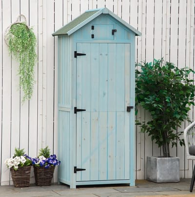 MEUNIQ tuinkast 77 x 54,2 x 179 cm met 3 uitneembare hoekplanken en te openen raam, houten opbergkast voor tuin en terras, lichtblauw en groen