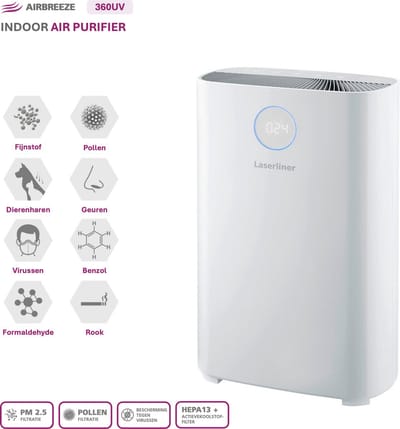 Laserliner AirBreeze 360UV - UV Luchtreiniger 360m³/h - HEPA13 - Inactiveren virussen/ bacteriën - Fijnstof 99,997% - Bijzonder stil < 20 dB - Verduisterend display - Wit design