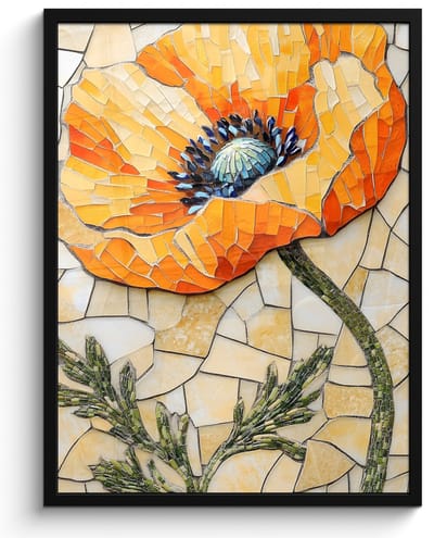 Poster in lijst - Fotolijst 50x70 cm - Posters - Klaprozen - Oranje - Mozaïek - Bladeren - Posterlijst zwart - Decoratie - Wanddecoratie woonkamer - Muurdecoratie slaapkamer