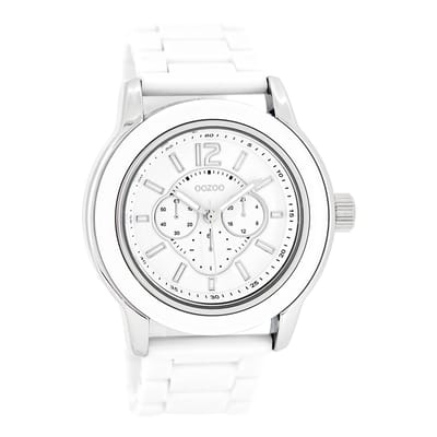 OOZOO Timepieces - Zilverkleurige horloge met witte kunststof horlogeband - C4940