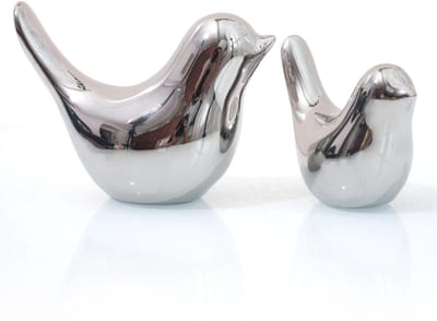 Dailygoods- Vogelstandbeeld Modern - Decoratief Ornament - 2 Stuks - Keramiek - Zilver - Klein/Groot 7,6/11,3 cm - Decoratiebeeldje