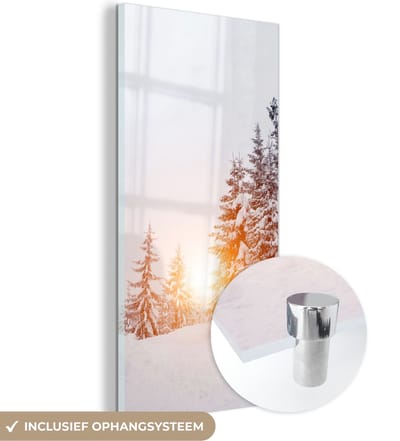 MuchoWow® Glasschilderij 20x40 cm - Schilderij acrylglas - Zon - Bomen - Sneeuw - Foto op glas - Schilderijen