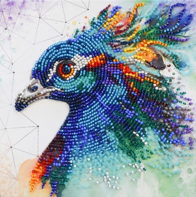 BORDUURPAKKET met kralen - Respectable Peacock - Respectabele Pauw - Abris Art - afmeting 15 x 15 cm