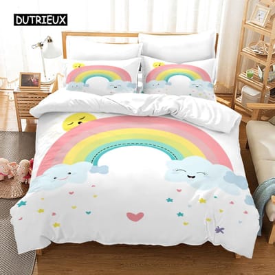 Trendy pastelkleuren regenboog Beddengoedset Baby Kinderen Dekbedovertrek 150x210 135x200 Met Kussenslopen En Rits AU Queen(210x210cm)
