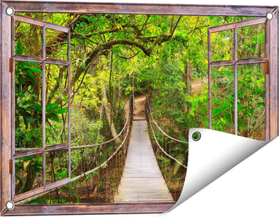 Gards Tuinposter Doorkijk Hangbrug - 60x40 cm - Tuindoek - Tuindecoratie - Wanddecoratie buiten - Tuinschilderij
