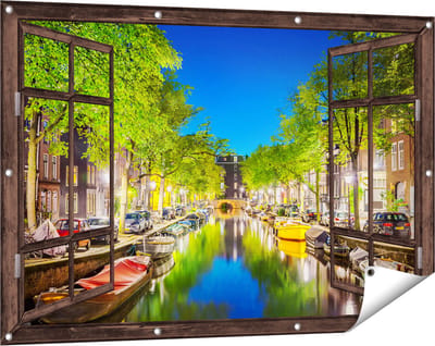 Gards Tuinposter Doorkijk Amsterdamse Gracht in de Nacht - 120x80 cm - Tuindoek - Tuindecoratie - Wanddecoratie buiten - Tuinschilderij