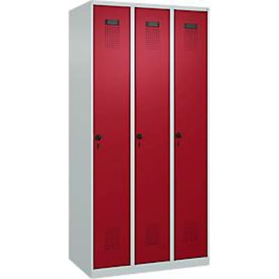 Garderobekast C+P Evolo Plus, 3 vakken, rechts scharnierend, veiligheidsdraaigrendel, B 900 x D 500 x H 1850 mm, lichtgrijs/ruinrood