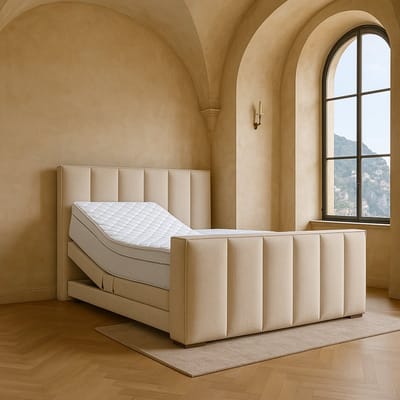 Boxspring Amalfi Elektrische verstelbaar met Luxe Pocketvering Stof 140x200 cm beige Gratis 2x Hoofdkussens