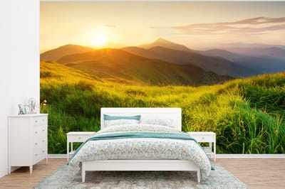 Behang - Fotobehang Gras - Heuvels - Zon - Natuur - Landschap - Breedte 320 cm x hoogte 240 cm