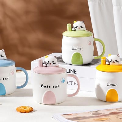 Anime Kitten Reliëf met Deksel met Lepel Keramische Mok Grote Inhoud Mok Ins Stijl Cadeau Meisjes Waterbeker Set Duurzaam 400ML