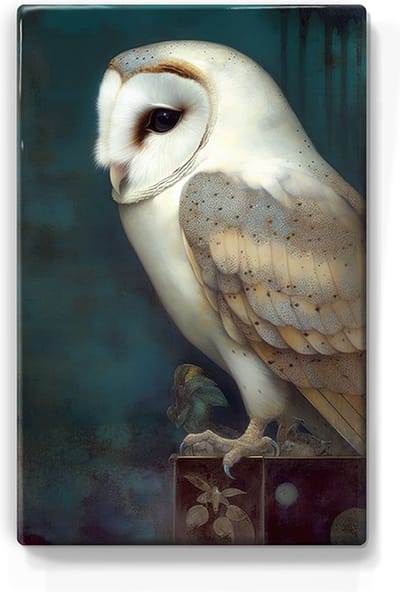 Stille Majesteit: De Blik van een Witte Uil - Handgelakt - 19,5 x 30 cm - Niet van echt te onderscheiden schilderijtje op hout - Mooier dan een print op canvas - Laqueprint.