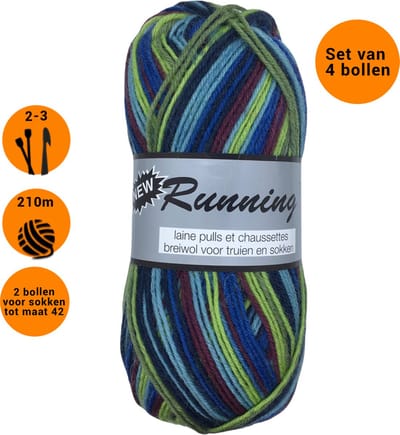 Lammy Yarns - New Running Multi (427) - Sokkenwol - groen/blauw - 4 bollen van 50 gram - naalden 2,5/3 mm.