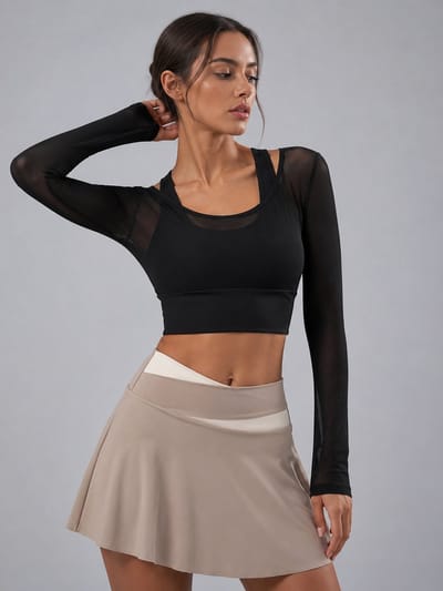SparkNine Liora longsleeve - met bh pads & lange mesh mauwen - ademend - M - zwart - dames - stijlvolle top voor fitness of casual outfit