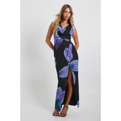 boohoo Dames Mesh Bloemen Wikkel Cowl Maxi Jurk | Black | Maat: 8