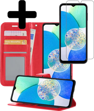 Hoesje - Met Screenprotector - Geschikt voor Samsung Galaxy A14 - Luxe Pasjeshouder - Bookcase Portemonee - Flip Case - Kunstleer Book Case - Flipcase - Book Cover - Walletcase - Portemonneehoes - Telefoonhoesjes - Rood