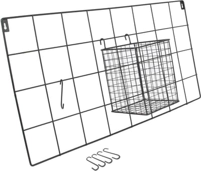 Metalen Wandrek inclusief 4 Haken en Opberg Mandje - 60 x 30 x 12.5 cm - Mat Zwart