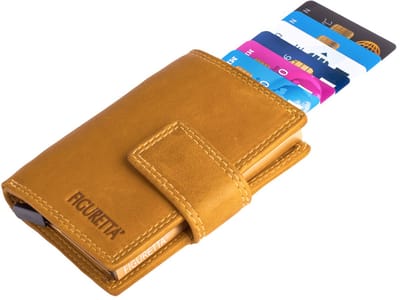 Figuretta Compacte Dames Portemonnee met Aluminium Creditcardhouder – RFID Bescherming – Inclusief Muntvak en Biljetvak – Echt Vintage Leer – Geel