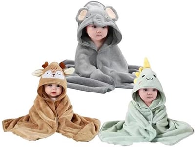 Babybadhanddoeken- 3-delige set- babybadhanddoeken met capuchon- 80 x 80 cm- zacht en superabsorberend- schattige dierenprints- geschikt voor zowel jongens als meisjes.