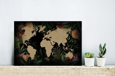 Aluminium schilderij 30x20 cm - Wanddecoratie metaal - Wereldkaart - Planten - Bloemen - Metalen muurdecoratie woonkamer - Decoratie industrieel - Foto op dibond - Industriële accessoires slaapkamer