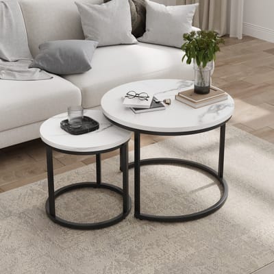 Sweiko Nesting Salontafel - Set van 2 - Rond metalen frame - Marmerlook - Wit