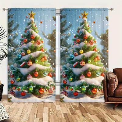 2 stuks Kerstboom Sneeuw Bedrukt Gordijn voor Kerst Huisdecoratie - Tunnel voor Roede Raambekleding voor Slaapkamer, Kantoor, Keuken 52.5cmX116cm X 2pcs black