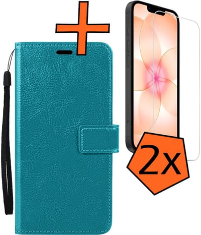 Hoes - Met 2x Screenprotector - Geschikt voor Apple iPhone 17e - Luxe Pasjeshouder - Bookcase Portemonee - Flip Case - Kunstleer Book Case - Flipcase Hoes - Book Cover - Walletcase - PortemonneeHoes - Turquoise