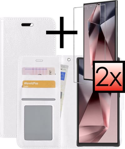 Hoesje - Met 2x Screenprotector - Geschikt voor Samsung Galaxy S24 Ultra - Luxe Pasjeshouder - Bookcase Portemonee - Flip Case - Kunstleer Book Case - Flipcase Hoes - Book Cover - Walletcase - Portemonneehoes - Wit