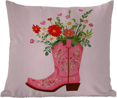 Buitenkussen - Cowboylaarzen - Roze - Boeket - Bloemen - 45x45 cm - Weerbestendig