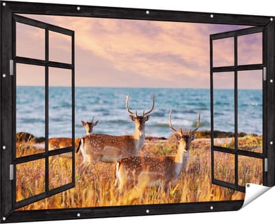 Gards Tuinposter Doorkijk Drie Herten aan de Zee tijdens Zonsondergang - 180x120 cm - Tuindoek - Tuindecoratie - Wanddecoratie buiten - Tuinschilderij