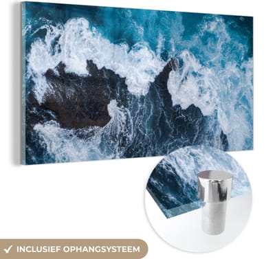 MuchoWow® Glasschilderij 120x60 cm - Schilderij acrylglas - Zee - Golf - Blauw - Foto op glas - Muurdecoratie woonkamer - Wanddecoratie slaapkamer - Schilderijen