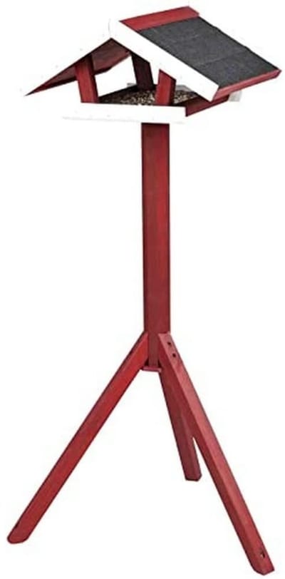 Famanu – Vogelvoederhuis met standaard - 46 × 22 × 44 cm - rood/wit - stevig en duurzaam - geschikt voor tuin en balkon - beschermt vogels en voer
