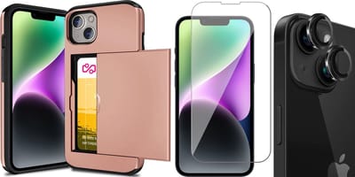 Hoesje met Pasjeshouder geschikt voor iPhone 15 - Screenprotector GlassGuard & Camera Lens Screen Protector Zwart - Back Cover SlideCase Roségoud