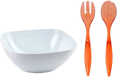 Plasticforte Salade/sla serveerschaal - wit - kunststof - D28 X H11 cm - met sla bestek - rood - 29 cm