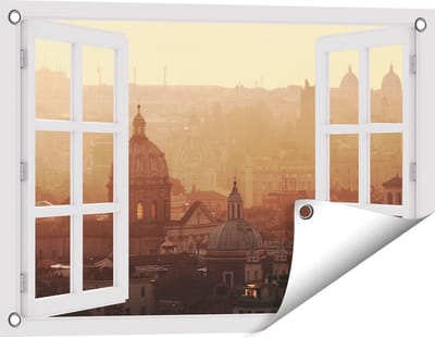 Gards Tuinposter Doorkijk Rome Stad bij Zonsopgang - 60x40 cm - Tuindoek - Tuindecoratie - Wanddecoratie buiten - Tuinschilderij