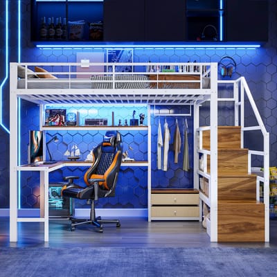 VVBV Hoogslaper 140x200 cm - Opbergruimte, 2 Lades, LED-Verlichting, Bureau, Trap/Ladder - Metaal Wit - Zonder Matras