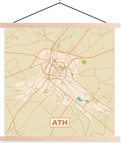 Posterhanger incl. Poster 40x40 cm - Schoolplaat - Kaart - België - Ath - Stadskaart - Plattegrond - Textielposter - Blanke latten - Stadskaart