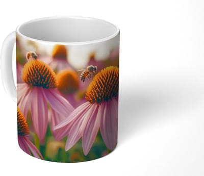 Mok - Koffiemok - Bloemen - Paars - Bijen - Mokken - 350 ML - Beker - Koffiemokken - Theemok