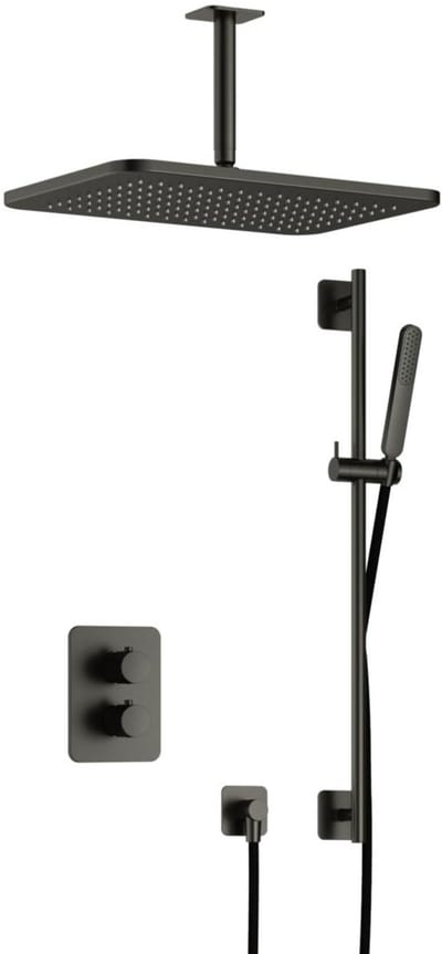 Hotbath Gal IBS40A inbouw regendoucheset met staafhanddouche aan glijstang en 27x40cm rechthoekige hoofddouche aan 15cm plafondarm geborsteld gunmetal