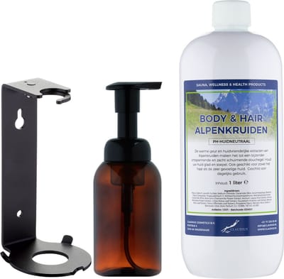 Zeepdispenser 300 ml amber bruin hervulbaar + 1 liter Body & Hair Alpenkruiden navulling (inclusief beugel)