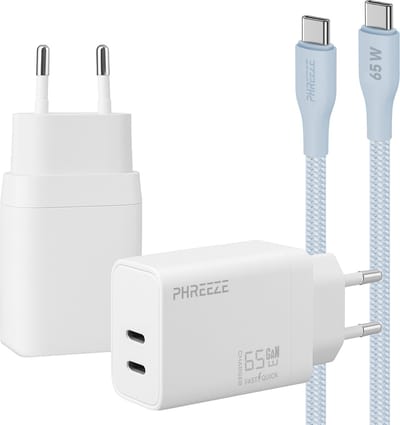 Phreeze usb C oplader 65w met kabel - Power Delivery snellader met 2 usb C poorten - voor laptop, telefoon & tablet - Blauwe oplaadkabel