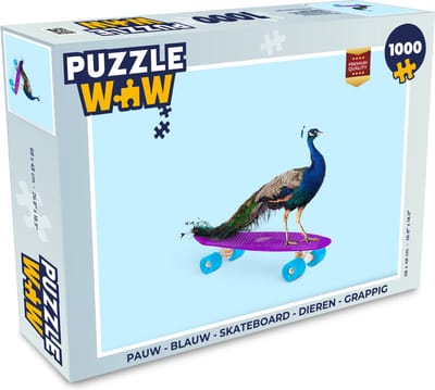 Puzzel Pauw - Blauw - Skateboard - Dieren - Grappig - Legpuzzel - Puzzel 1000 stukjes volwassenen