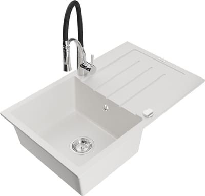 Mexen Bruno granieten gootsteen 1-kamer met afdruiprek en keukenmengkraan Aster, wit - 6513-20-73450-07