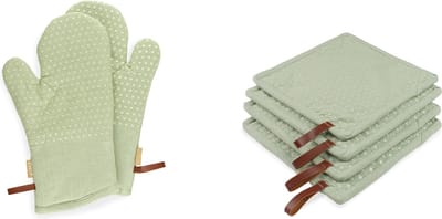 CH&F Silicon Dots Celadon Keukentextielset Groen | Set van 6 | 2 Ovenwanten 15x32 cm & 4 Pannenlappen 20x20 cm | 100% Katoen met Siliconen Dots