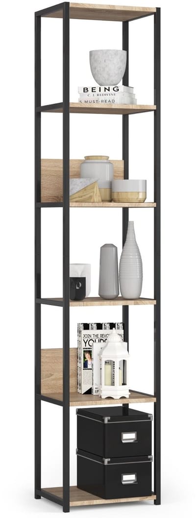 Open Boekenkast, Ladderkast, Loft Design / Metalen Vakkenkast met 6 Planken / Opbergplank / Boekenrek Opslagrek / Zwart - Sonoma Eik / 40 x 192 x 32 cm