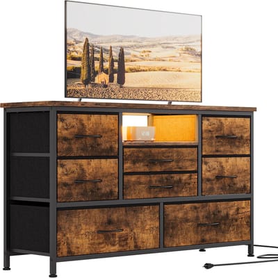Tv-meubel met stoffen lades- commode- tv-meubel met ledverlichting- metalen frame- dressoir met organizer- voor slaapkamer- hal- woonkamer- vintage bruin